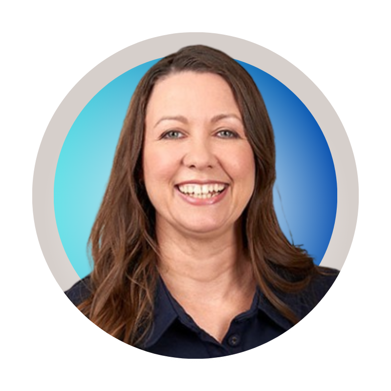 Smiling woman with long brown hair, wearing a navy blue shirt, posed against a circular blue gradient background.
