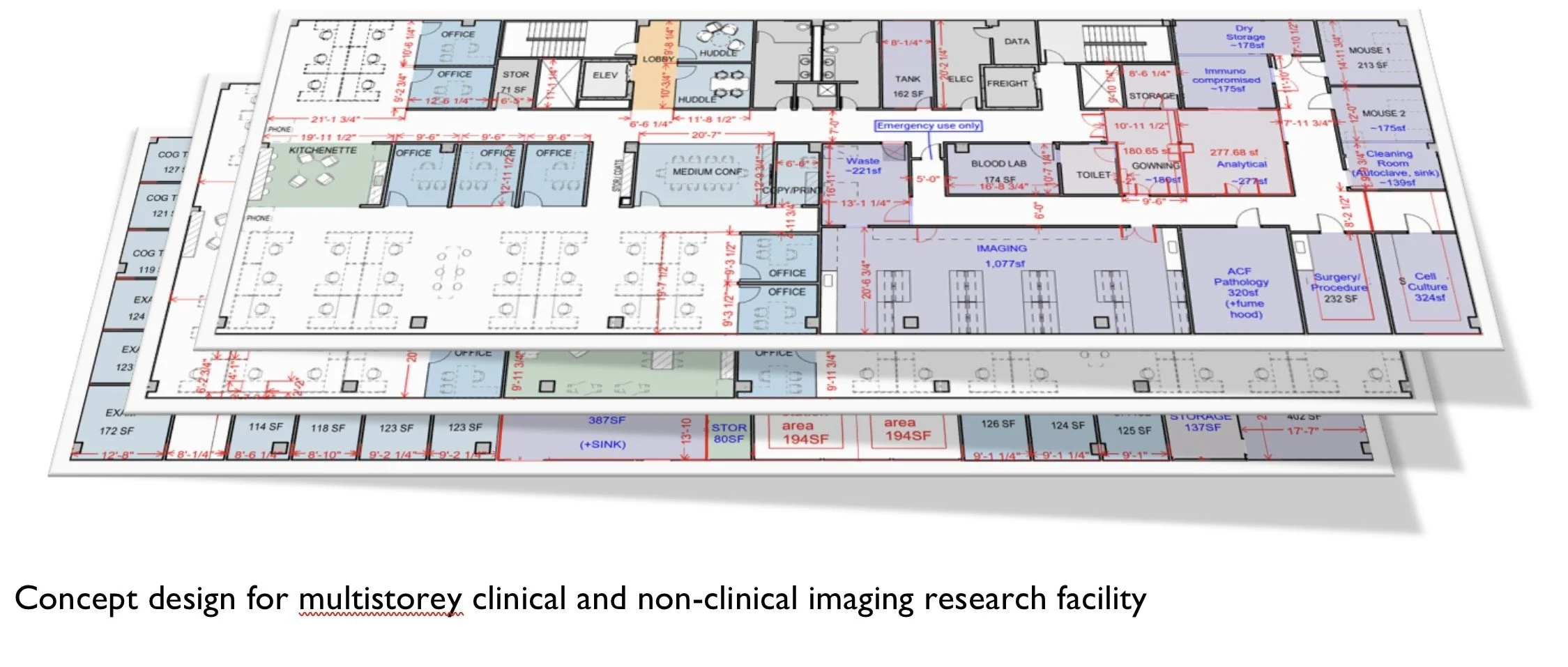Concept design floor plan for a multistory clinical and non-clinical imaging research facility, showing rooms labeled with functions such as offices, imaging rooms, storage, and labs, with dimension measurements in red.