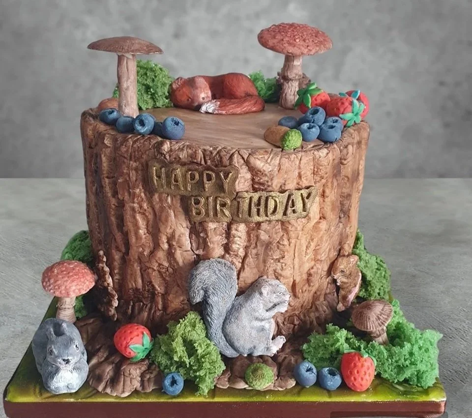 Toadstool tree stump custom birthday cake Merely Janes Cakes