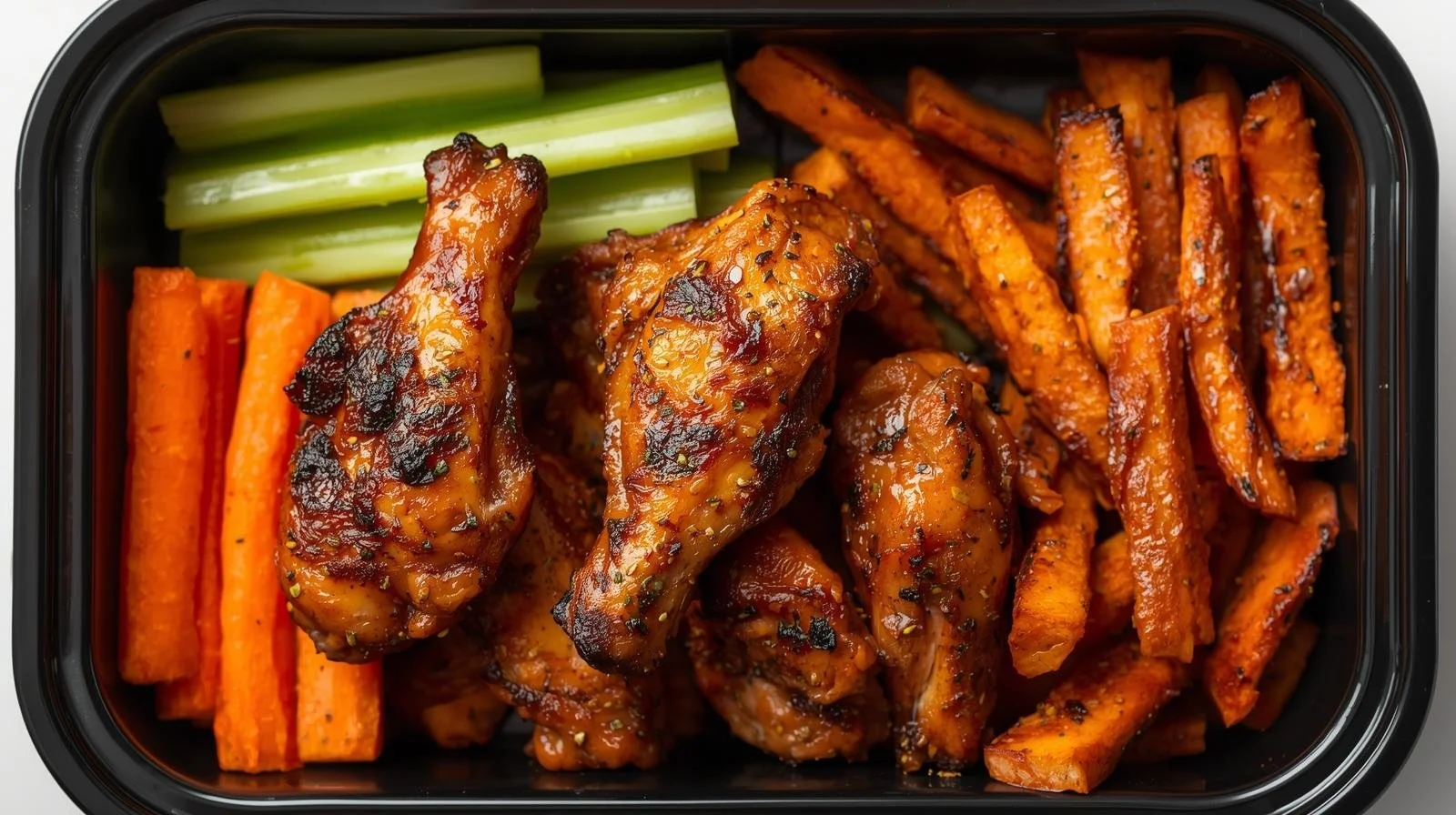 Grilled chicken wings with carrots , celery and sweet potato fries in a black meal prep container.jpg