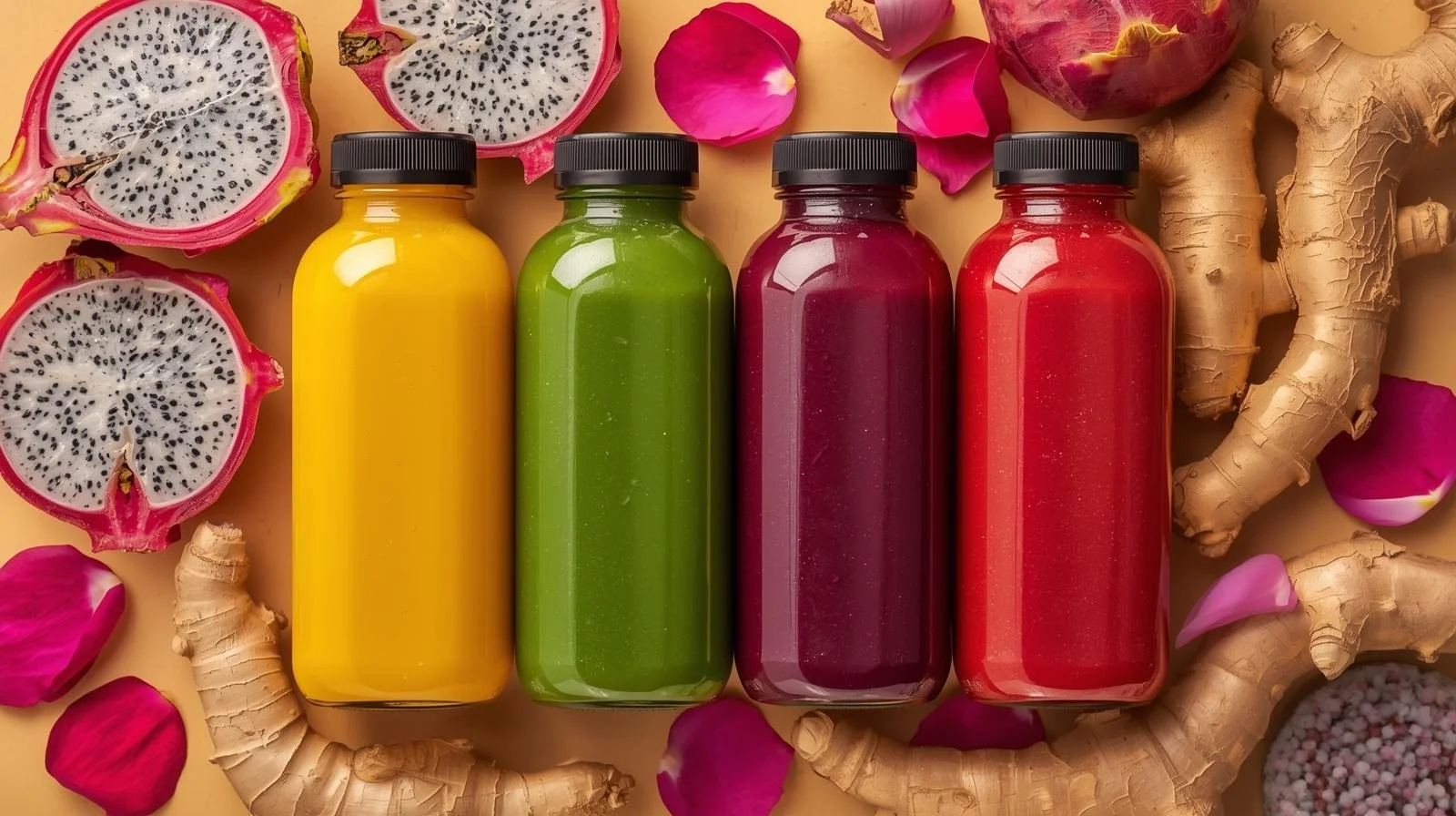 4oz bottles of healthy juices in the colors of yellow , green purple and red surrounded by dragonfruit, turmeric, ginger, rose petals.JPG