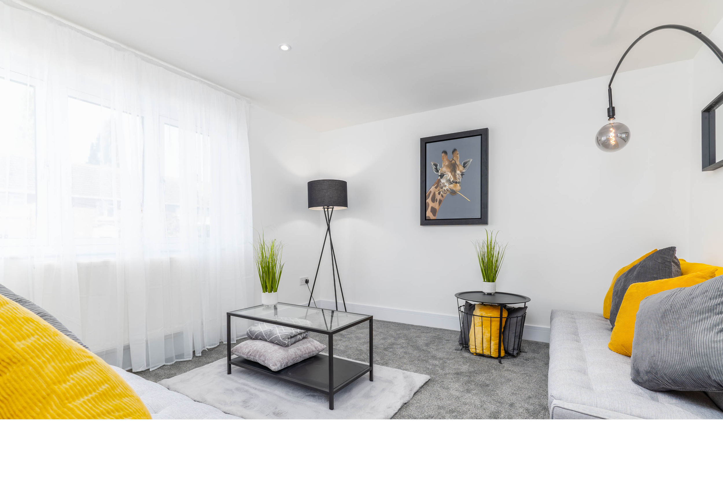 Modern living room with gray sofas, yellow and gray cushions, glass coffee table, black side table with yellow cushion, floor lamp, wall art of a giraffe, and white sheer curtains.
