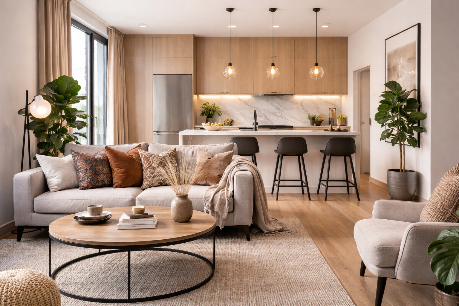 Modern open-concept living room and kitchen with neutral tones, a beige sofa, decorative cushions, potted plants, wooden and black furniture, pendant lighting, and a sleek kitchen with marble backsplash.