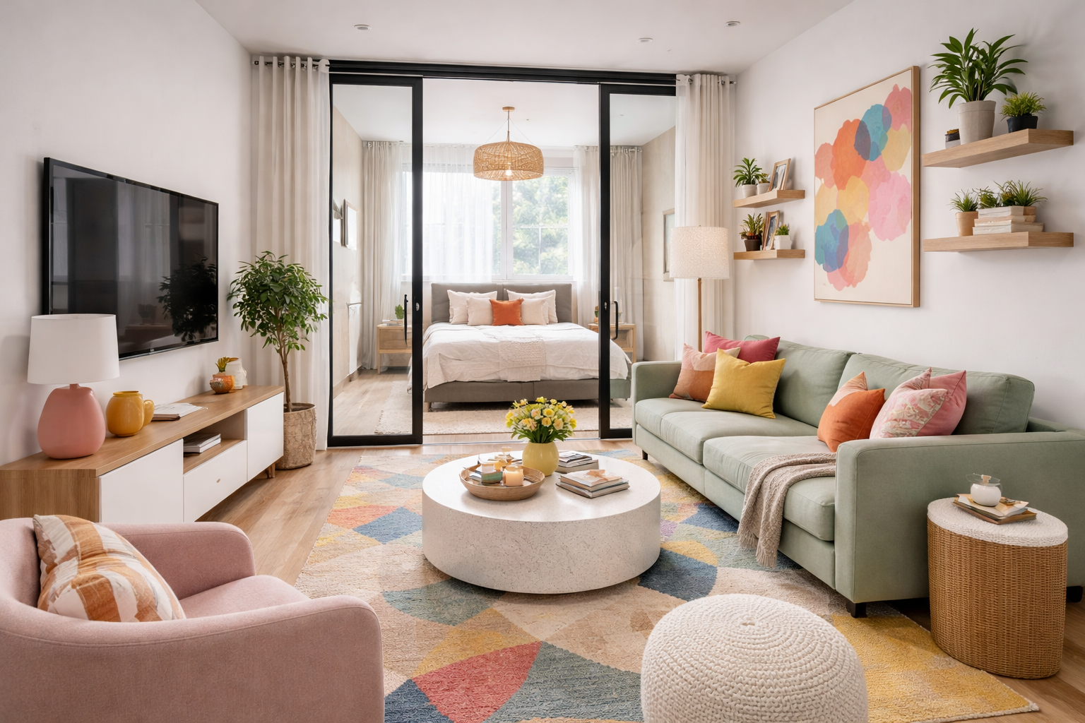 Living room with pastel-colored sofa, round coffee table with vase of yellow flowers, pink armchair, wall-mounted TV, wooden sideboard with decorative vases, artwork, balcony with bedroom visible through glass doors