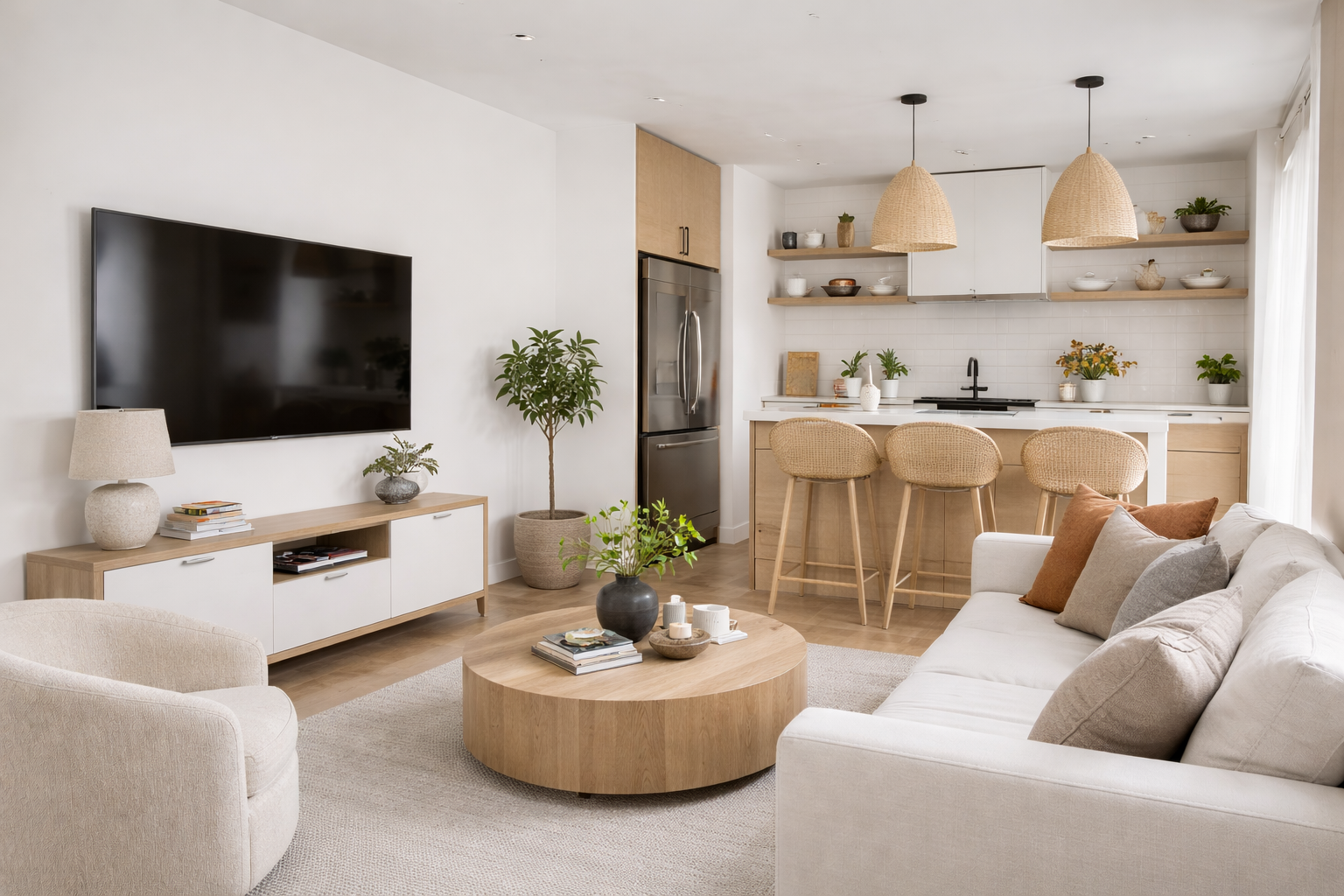 Modern living room with a wall-mounted TV, a beige sofa with cushions, a round wooden coffee table with books and candles, a white entertainment console with a lamp and decorative items, a potted plant, and a kitchen area with a breakfast bar, rattan chairs, shelves with dishes, and pendant lights.