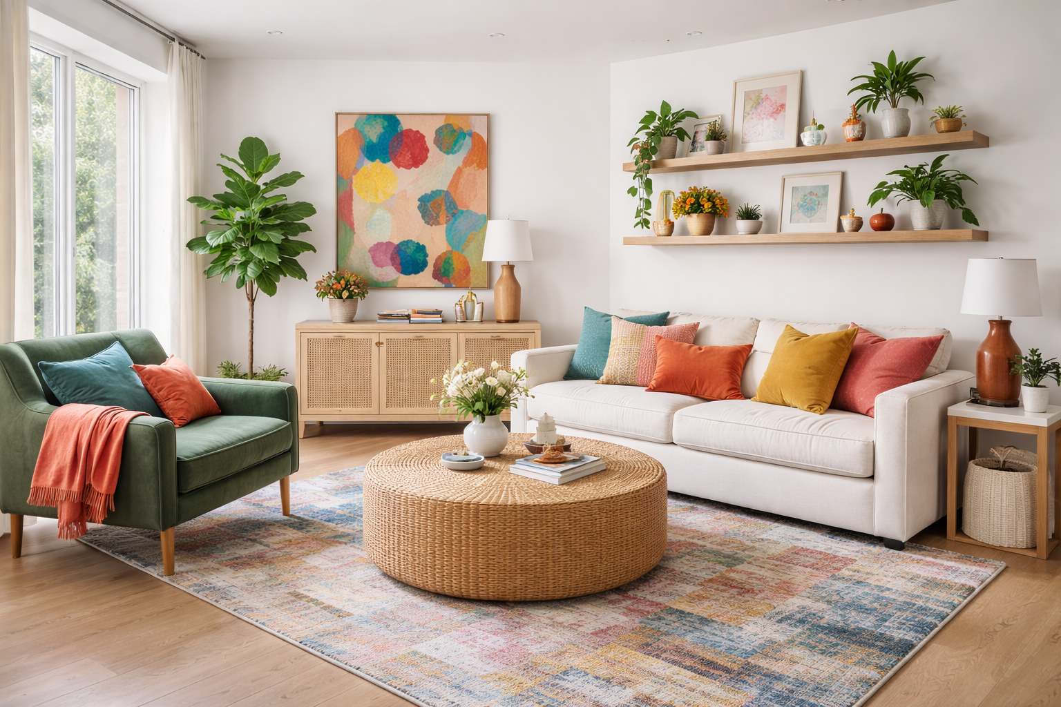Bright living room with white sofa, green armchair, and wooden coffee table on a colorful rug; decorated with throw pillows, plants, framed artwork, and shelves on a white wall.