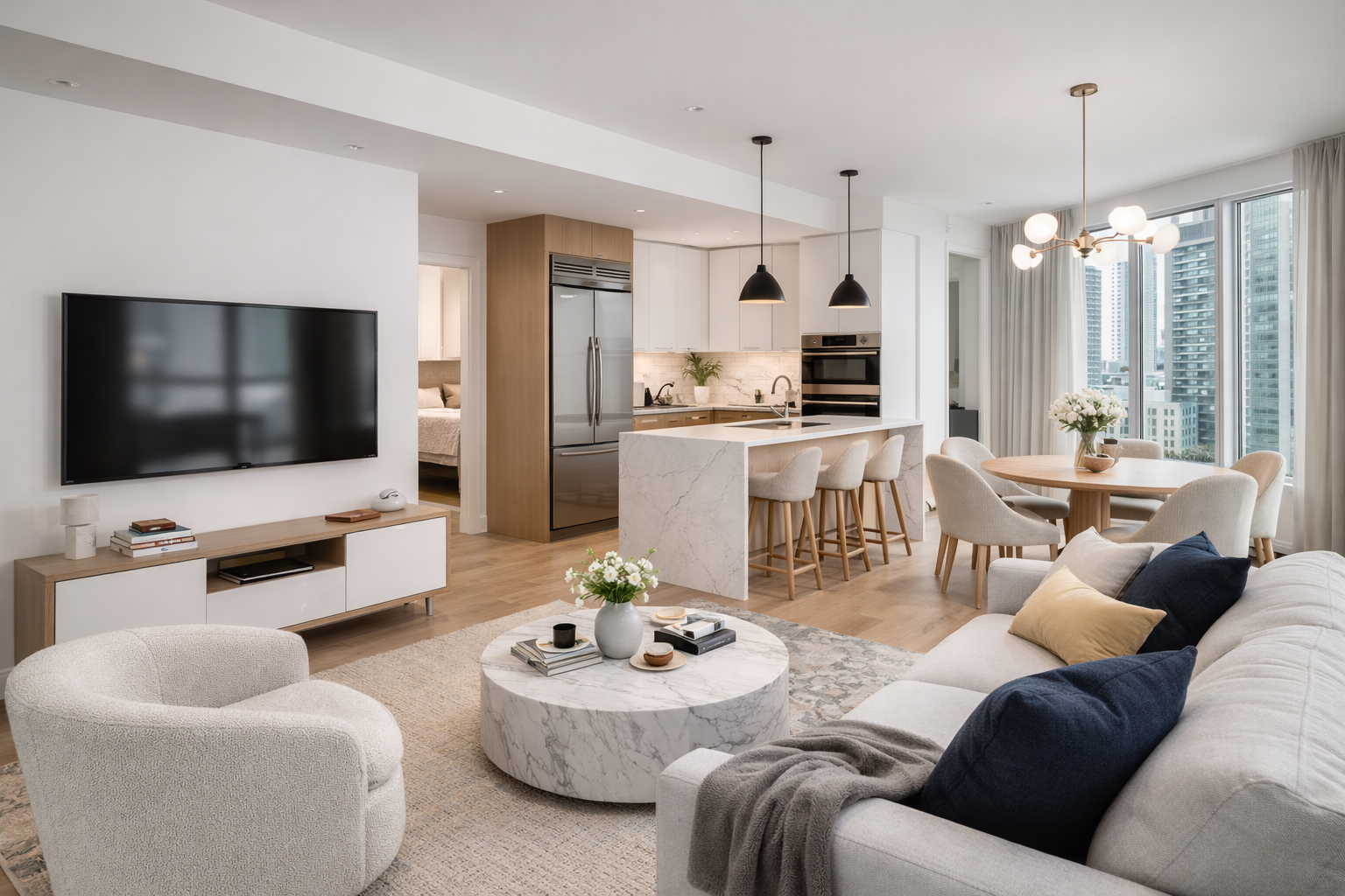 Living room and dining area in a modern apartment with white walls, beige furniture, a large window overlooking city buildings, a flat-screen TV, a round marble coffee table with decor, and an open kitchen with a marble island, black pendant lights, and bar stools.