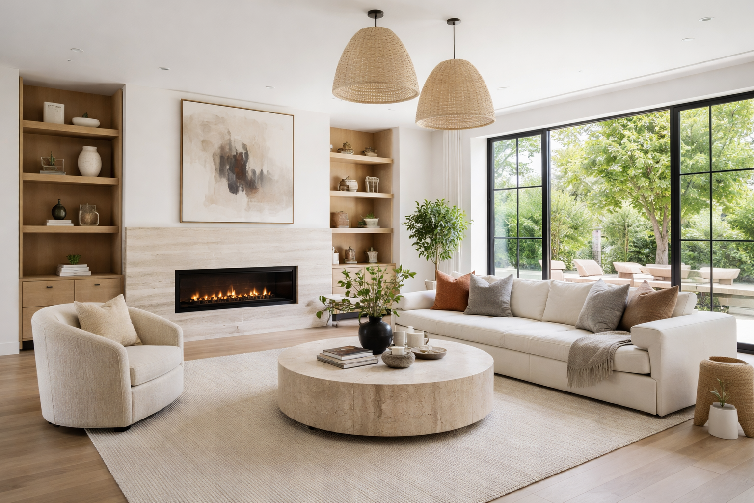 Living room with large window, white sectional sofa with throw pillows, armchair, beige round coffee table with decor, built-in shelves with decor, fireplace, pendant lights, greenery outside.