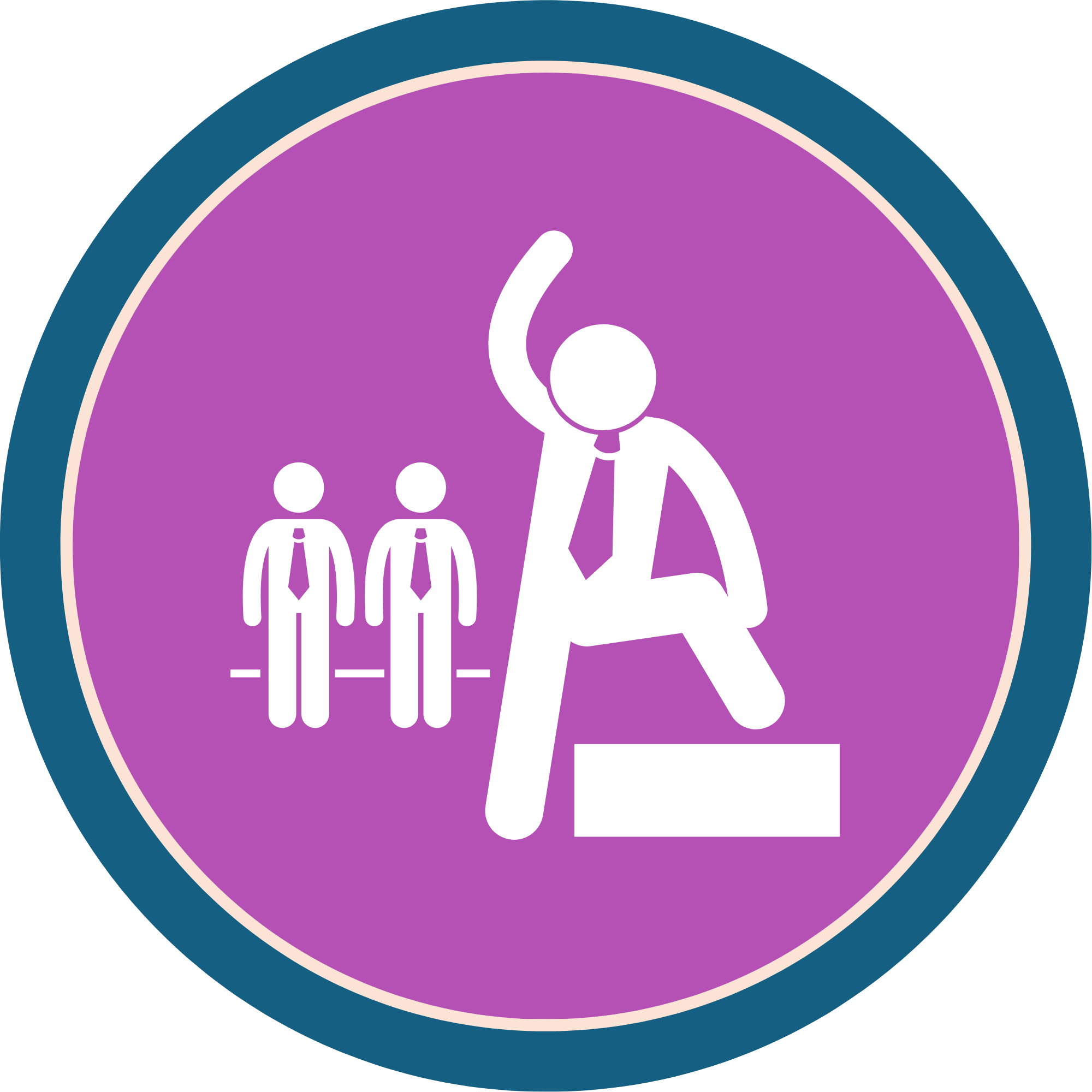 Graphic with purple and teal colors featuring a group of business people with ties and a figure in a suit raising their hand.