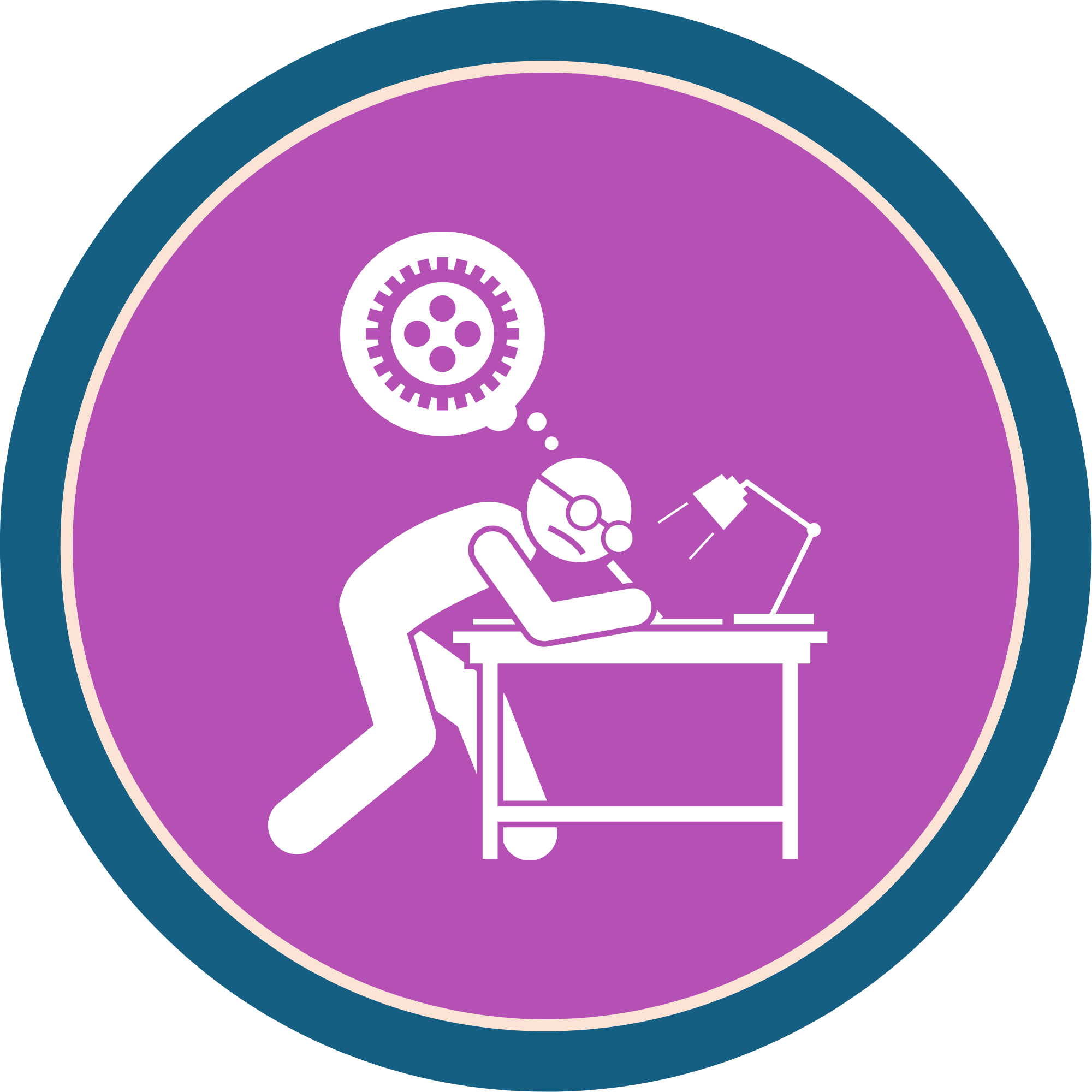 Graphic with purple and teal colors featuring a person in a workshop creating something new.