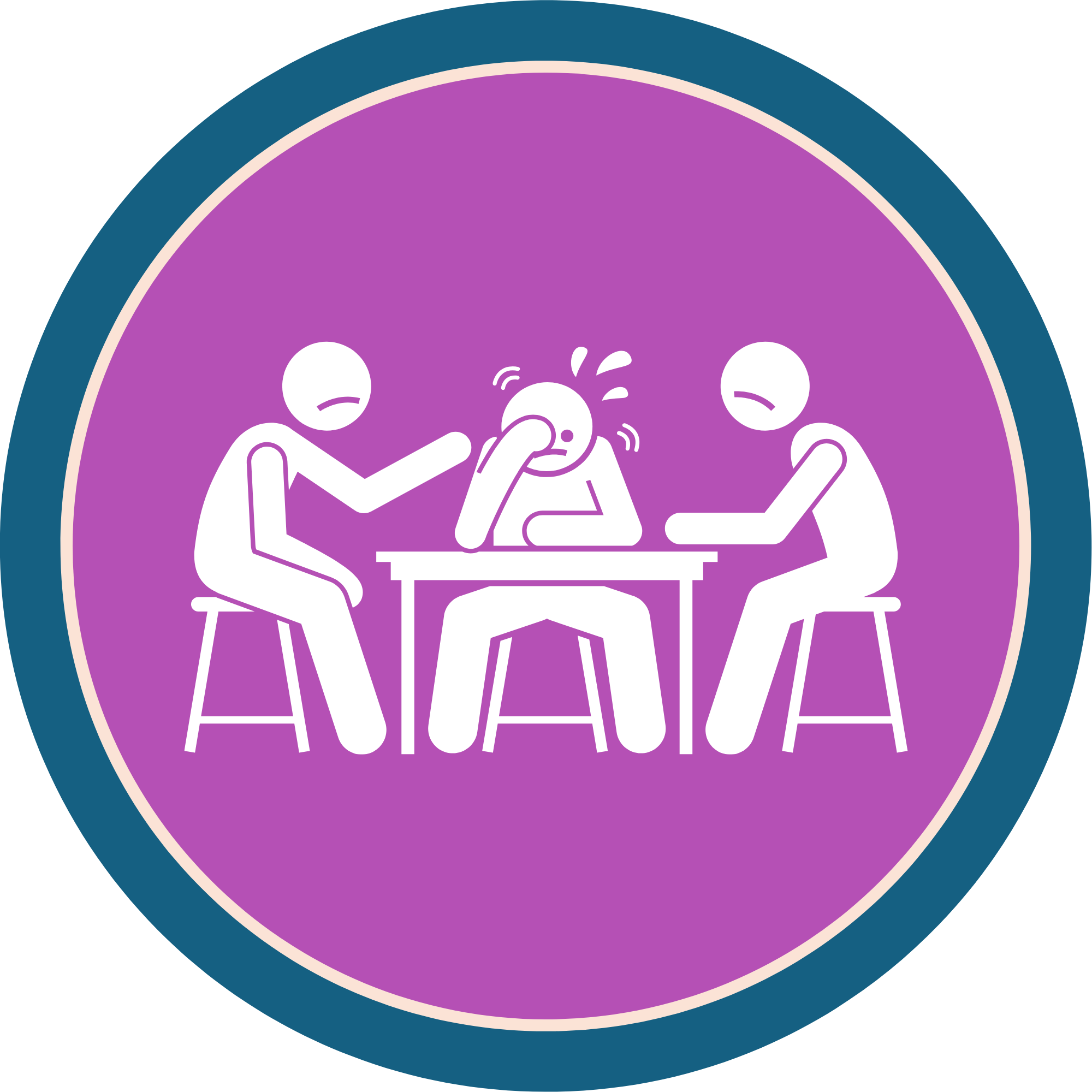 Graphic with purple and teal colors featuring a group of business people stressing out at a conference desk.