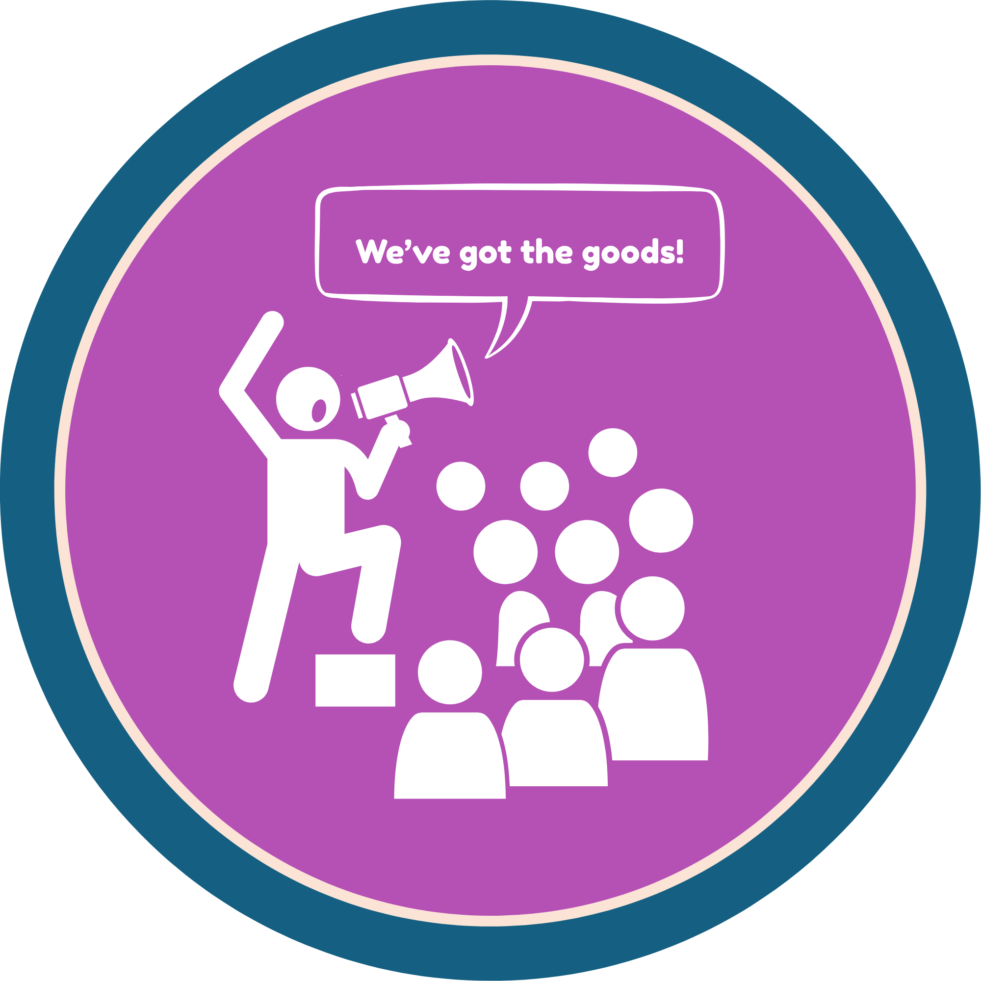 Graphic with purple and teal colors featuring a group of business people shouting, "We've got the goods."