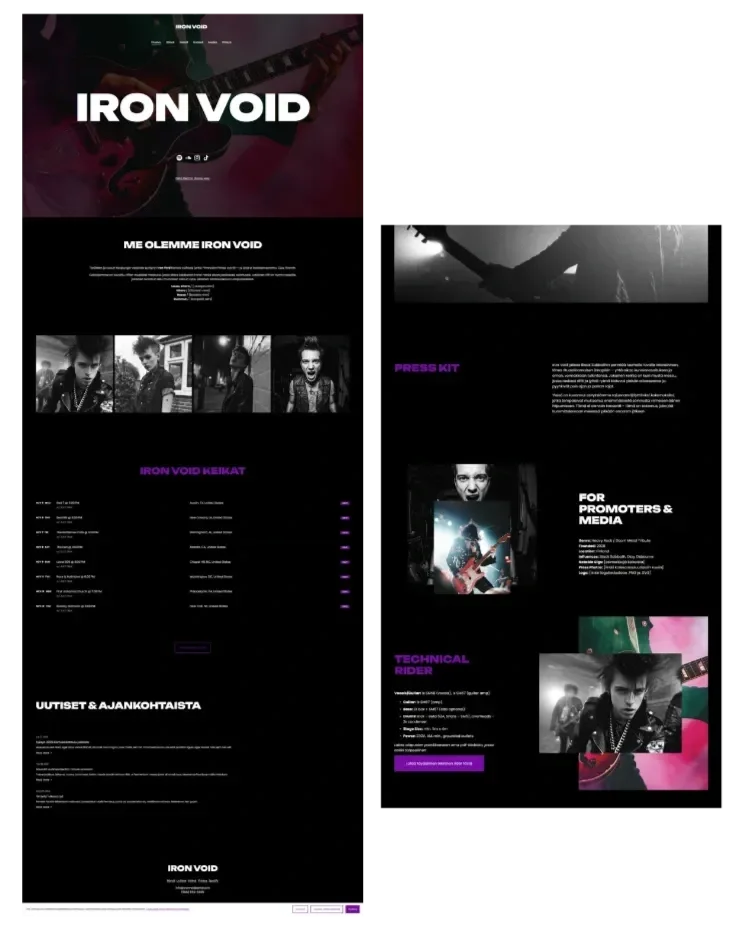 Verkkosivuston etusivu Iron Void -bändille.