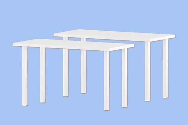 Two white rectangular tables with four legs each, set against a blue background.
