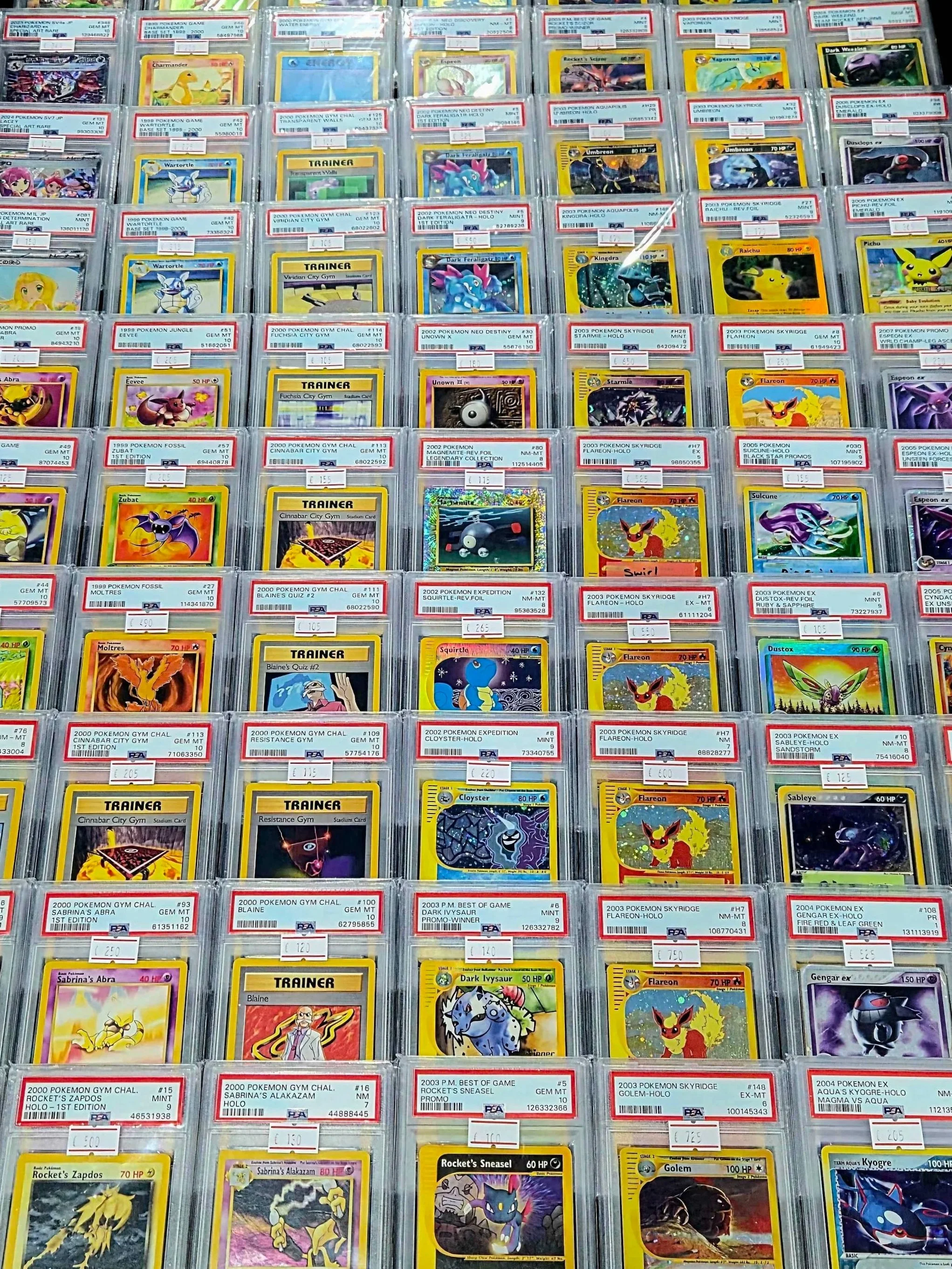 Collection of Pokémon trading cards displayed in transparent plastic sleeves, organized in rows and columns, featuring various Pokémon characters and trainer cards.