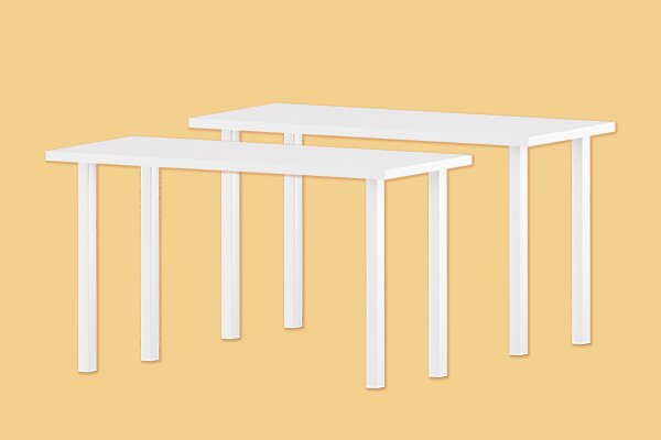 Three white tables of different heights against a beige background.