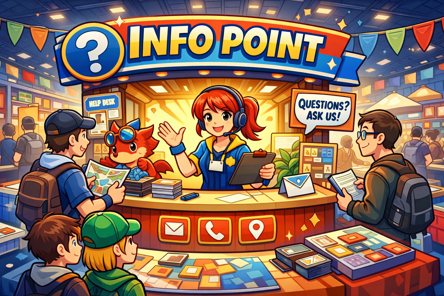 Colorful illustration of an information booth at an event with a woman wearing a headset and two young men interacting, surrounded by event attendees, banners, and informational materials.