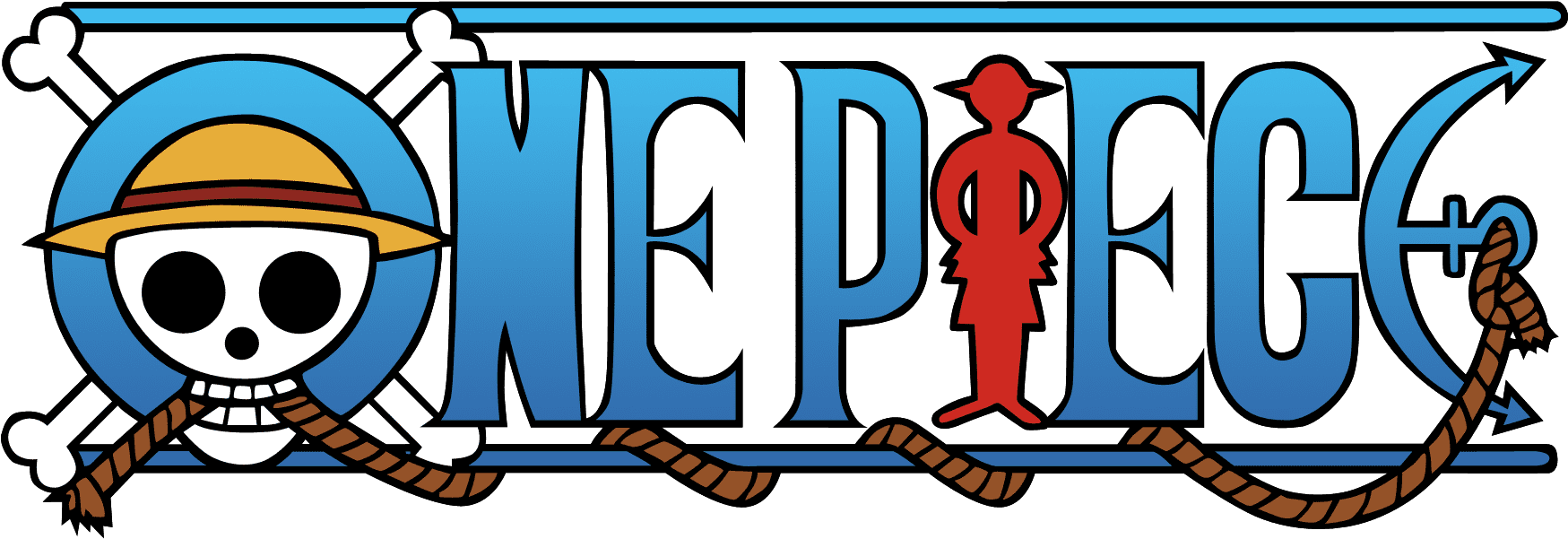 The image features a stylized logo with the words 'ONE PIECE' in large blue letters, a skull with a straw hat and crossbones, a red stylized female figure, and a brown rope intertwined through the design.