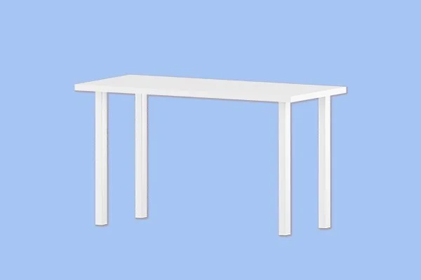 A white table with four legs on a blue background.