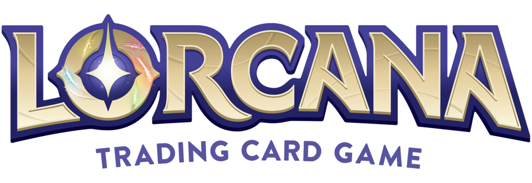 The logo of the board game 'Lorcana', featuring the game's name in large, gold letters with a dark outline and a stylized emblem resembling a star or compass in the letter 'O', with multicolored accents, and the words 'Trading Card Game' underneath.