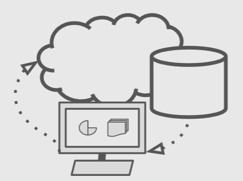 Illustration of a computer with a pie chart and folder icons, connected to a cloud and a database.
