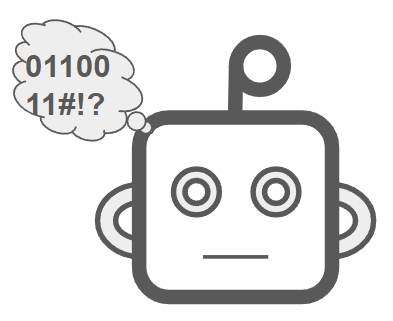 A digital drawing of a robot with a square head, circular eyes, and a neutral mouth. A speech bubble above its head contains binary code and random symbols.