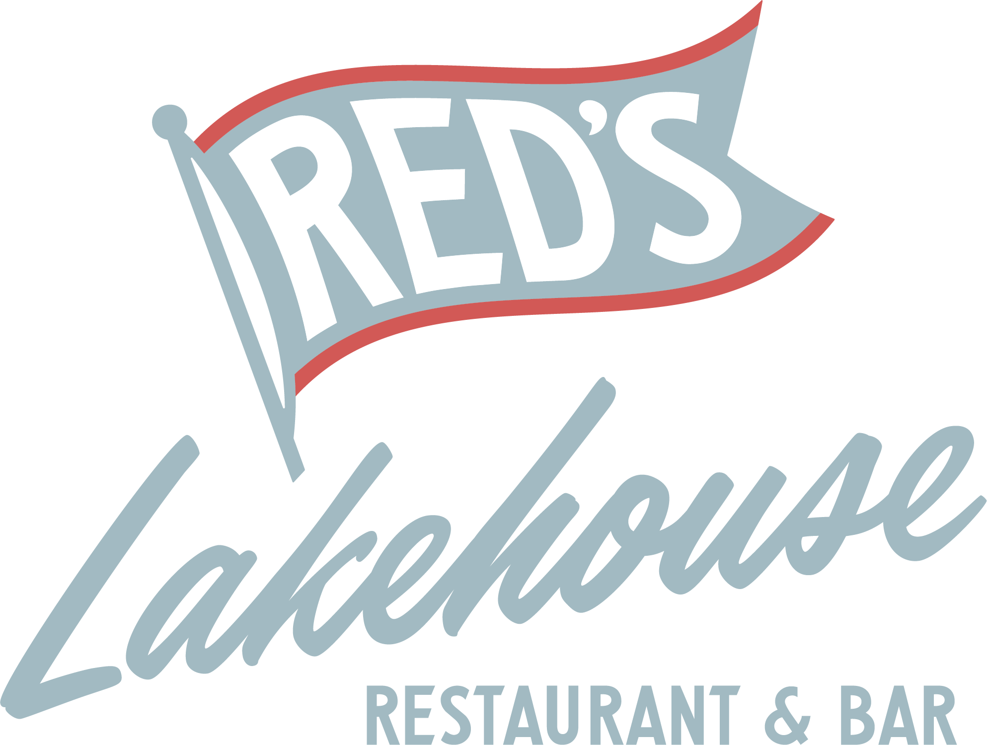 Logo for Reds Lakehouse Restaurant & Bar featuring a stylized flag with the word 'REDS' above the word 'Lakehouse' with 'RESTAURANT & BAR' below.