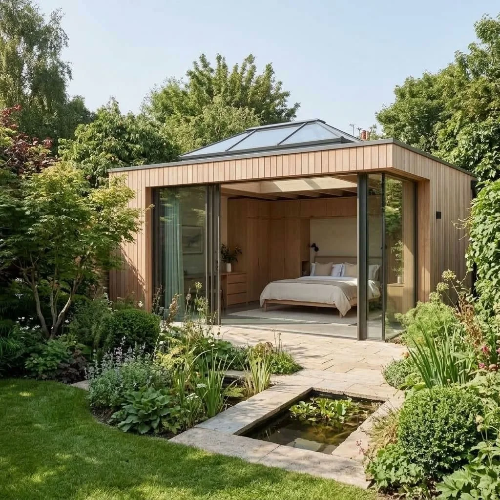 A small, modern house with glass sliding doors, surrounded by lush green garden with trees, shrubs, and a pond, on a sunny day.