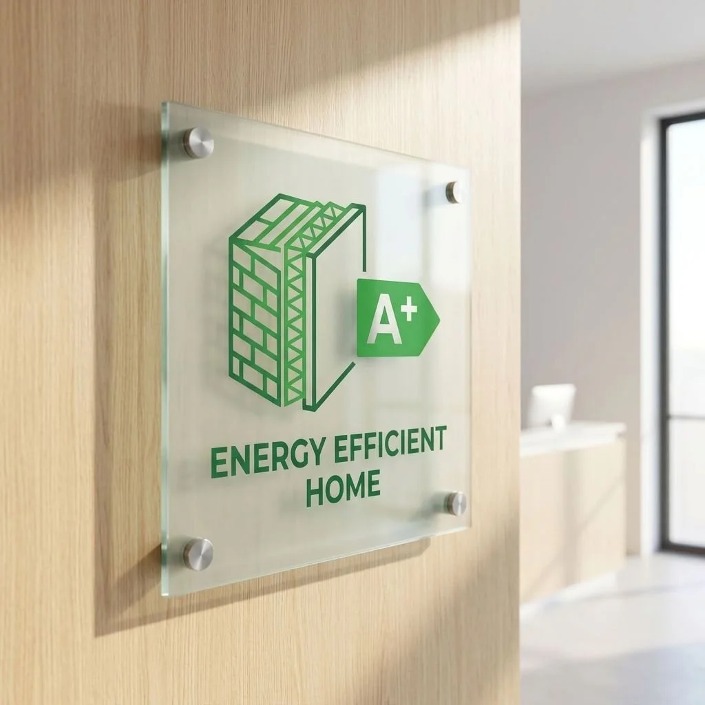 A glass plaque on a wooden wall with a green illustration of a brick wall and an energy efficiency label reading 'A+' and the text 'Energy Efficient Home.'