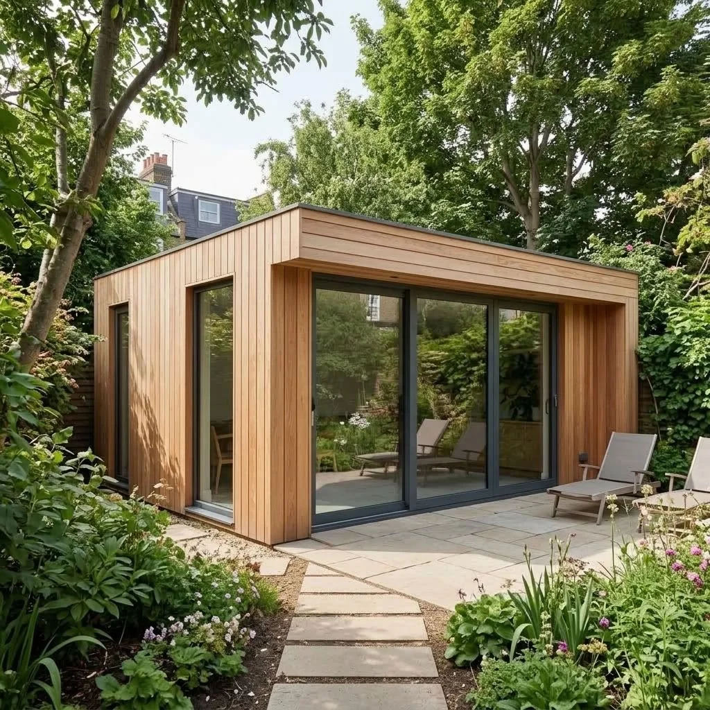 A small modern wooden house with large glass sliding doors in a lush garden with trees and flowers, outdoor chairs on a paved patio.