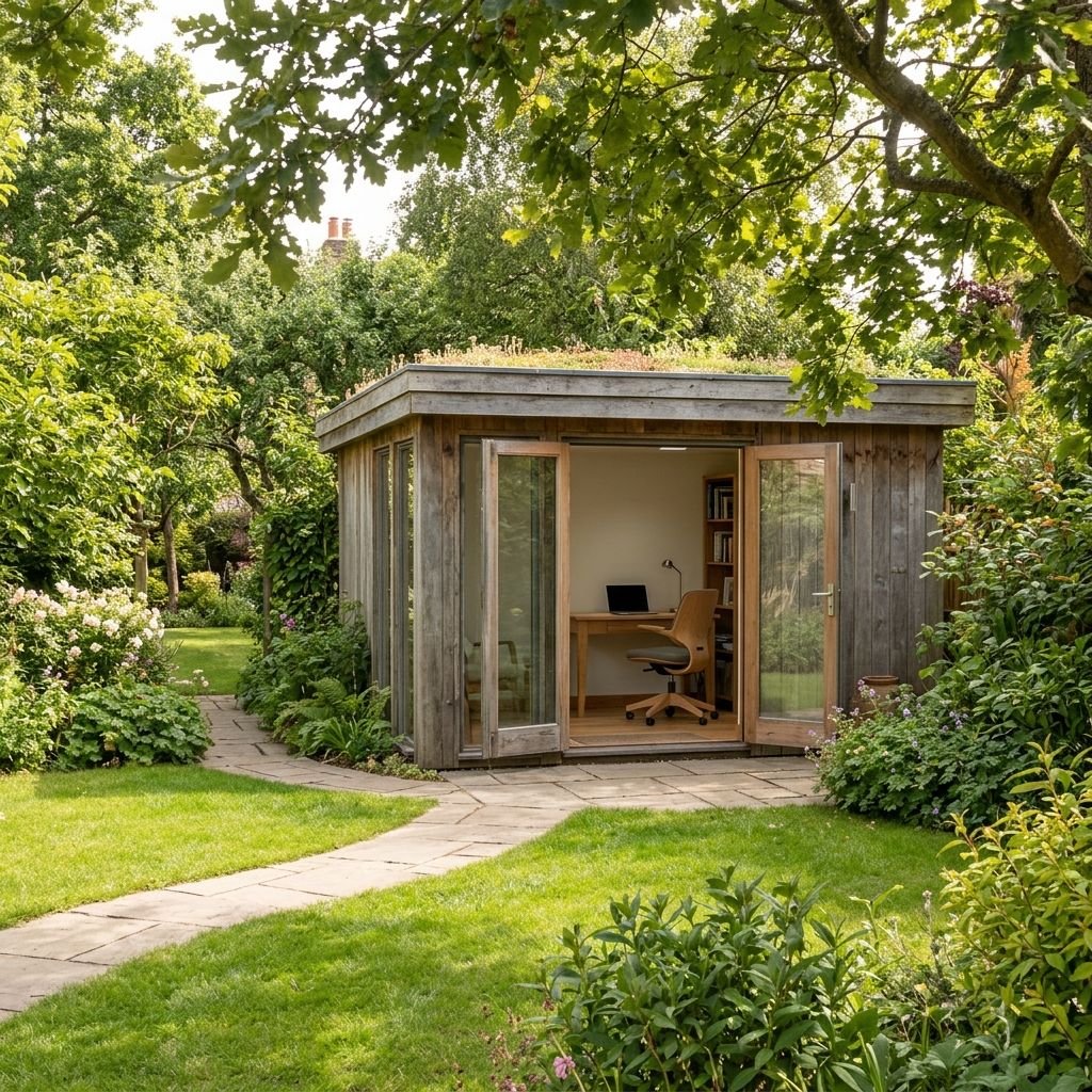 A small wooden garden shed with glass sliding doors, surrounded by lush green trees and plants, with a stone pathway leading to it, located in a well-maintained garden.