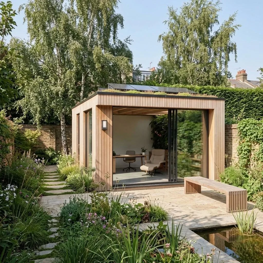 Small modern garden office with wooden exterior and large glass sliding door, situated in lush green garden with plants, flowers, stone pathway, and a pond.