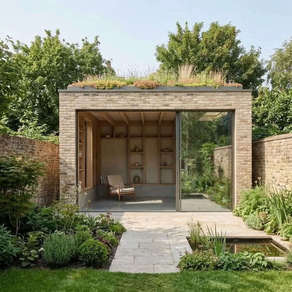 A modern brick garden shed with large sliding glass doors, surrounded by lush greenery and plants, featuring a rooftop garden, and an interior with a wooden shelf and a comfortable chair visible through the glass.