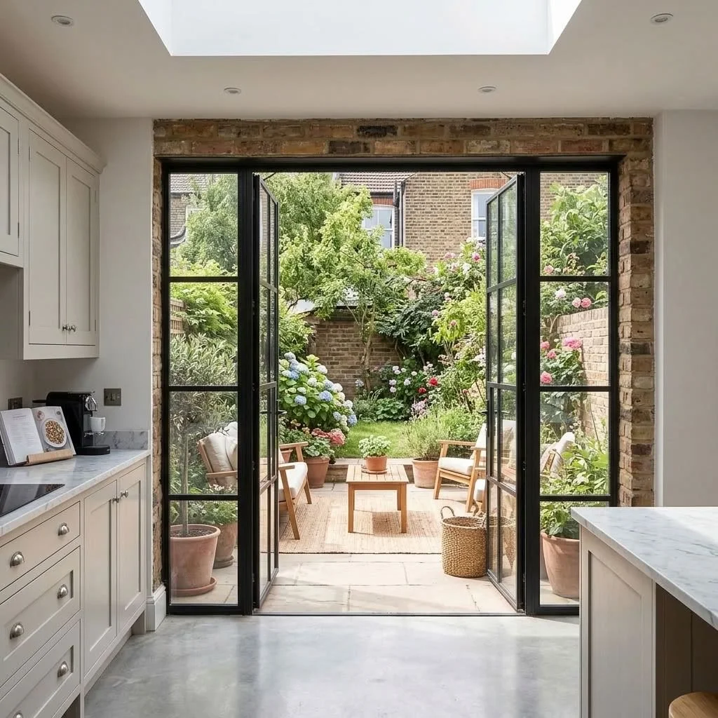 Open French doors leading to a lush garden patio with potted plants, outdoor chairs, and blooming flowers.
