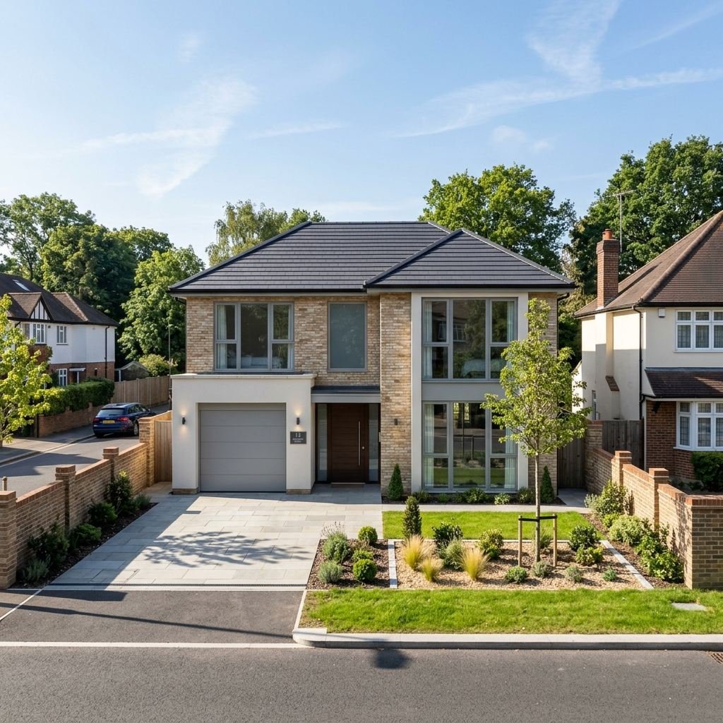 Modern two-story house with brick facade, large windows, a garage, and a landscaped front yard with small trees and shrubs.