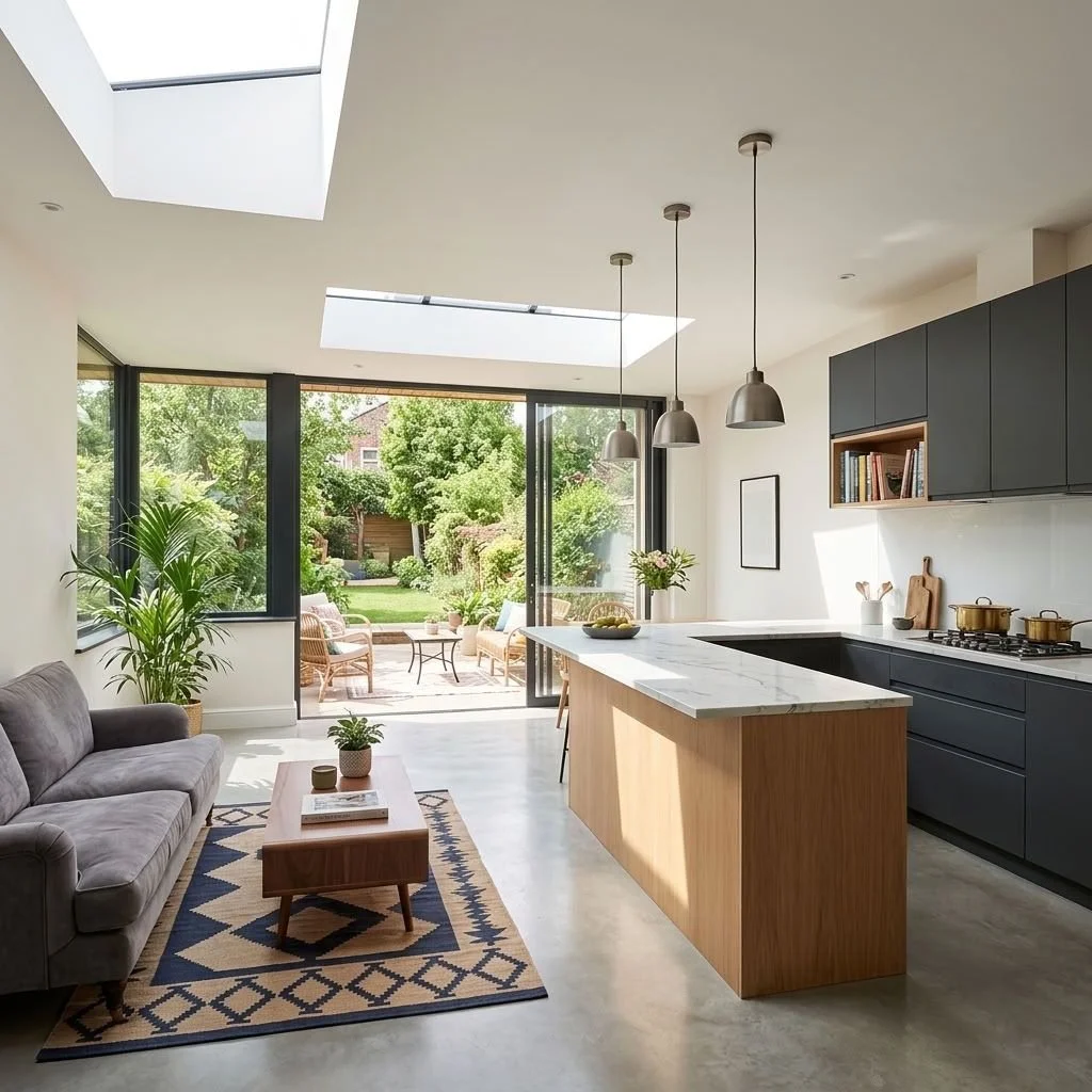 Modern open-concept kitchen and living room with skylights, large glass sliding doors leading to a garden patio, gray sofa, wooden coffee table, indoor plant, and black cabinets with open shelving.