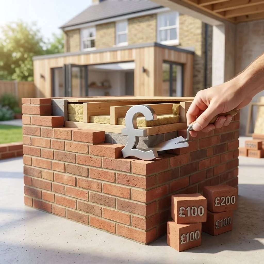 A person adding mortar to a brick wall construction, with a large metallic pound sign (£) and stacks of bricks marked with £100 and £200, in a backyard with a house and garden in the background.