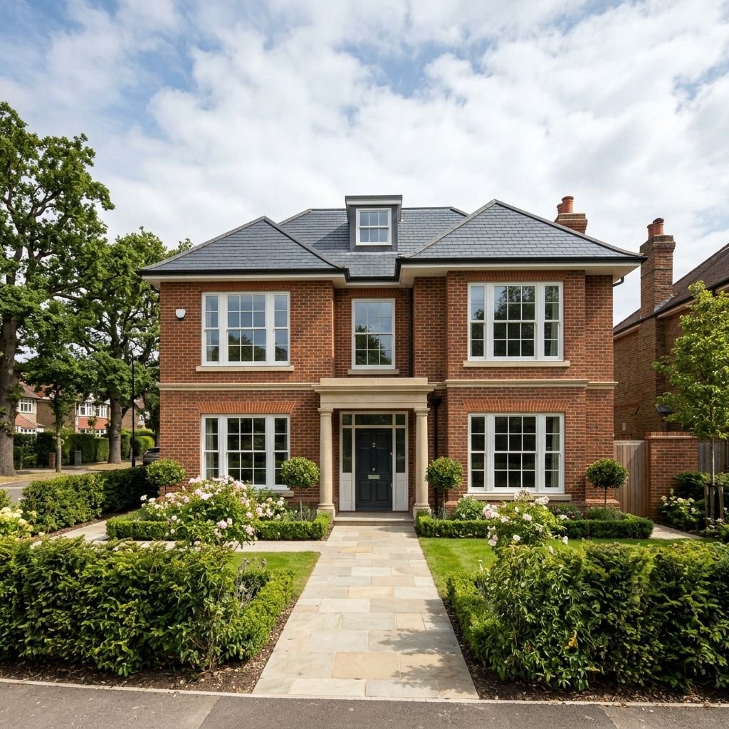 A large brick house with a dark front door, white-framed windows, and a well-maintained front garden with trimmed bushes and a stone walkway, under a partly cloudy sky.