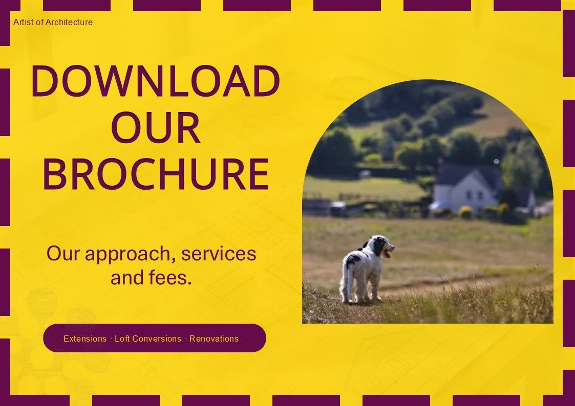 A brochure cover with a yellow background and purple border, featuring a photo of a dog standing in a grassy field with houses and hills in the distance. The text reads "Download our brochure," "Our approach, services and fees," and includes a purple oval with "Extensions, Loft Conversions, Renovations."