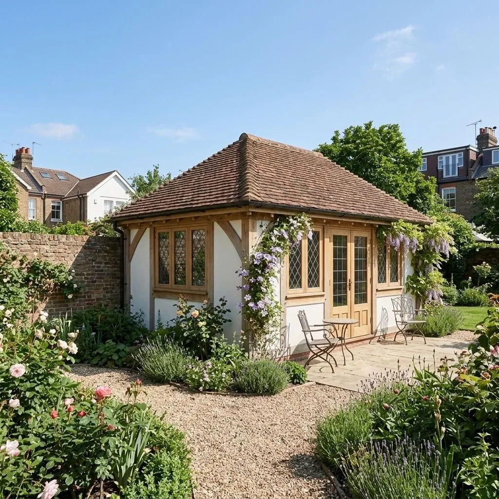 A charming garden shed with a tiled roof, surrounded by lush plants and purple flowering vines, in a well-maintained garden.