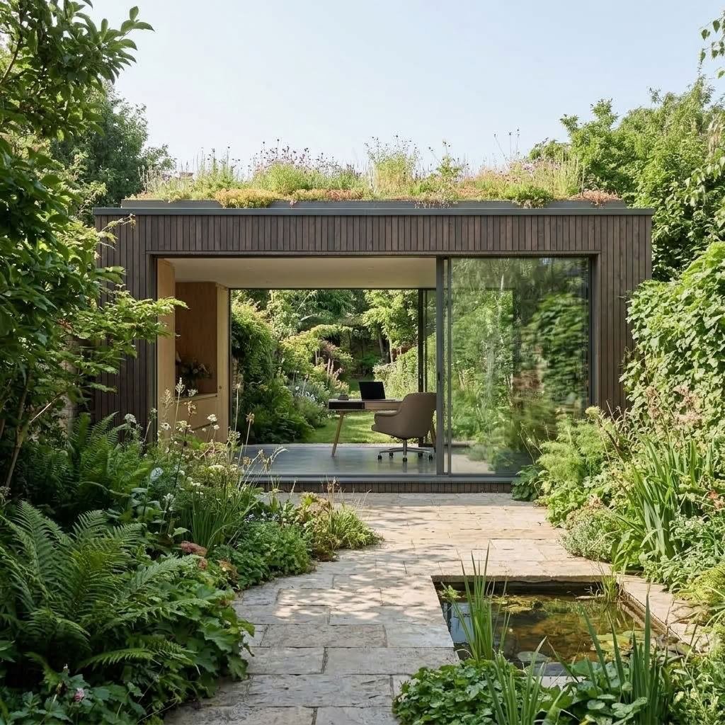 A modern garden room with sliding glass doors, surrounded by lush greenery and plants, with a stone path leading to it and a small pond nearby.