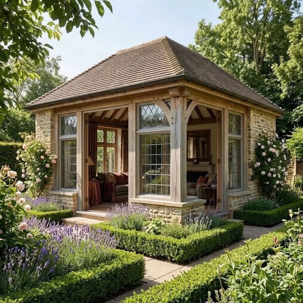 A small, charming stone and wood garden house with a hip roof, surrounded by lush greenery and a well-maintained flower garden.