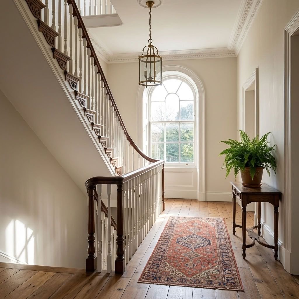 A bright hallway with a large arched window, a wooden staircase with white spindles and dark handrail, a patterned area rug, a small wooden table with a potted fern, and a hanging lantern light fixture.