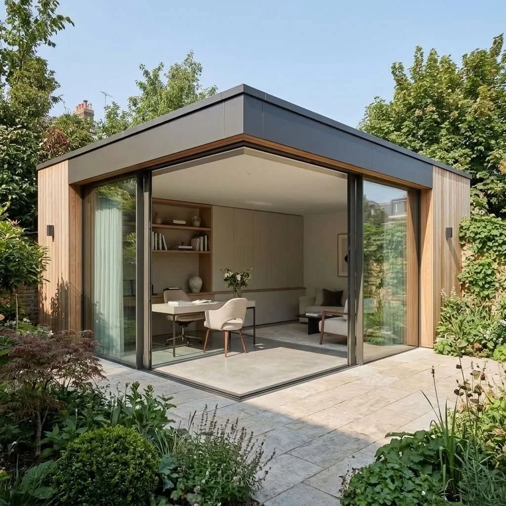 A modern tiny house with glass sliding doors, wooden exterior panels, surrounded by greenery, with a view into a furnished interior with a desk, bookshelves, and a small sofa.