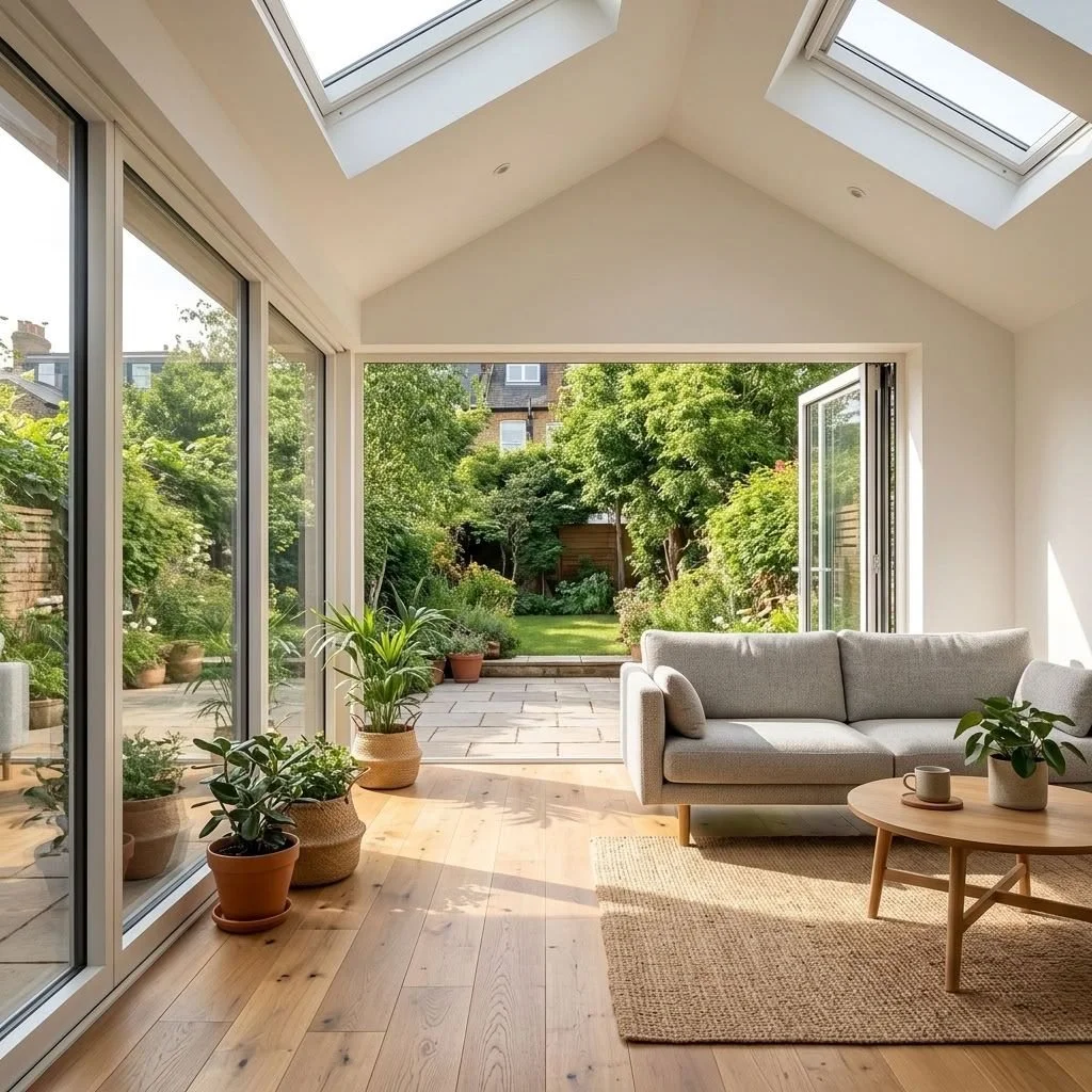 bright living room with skylights, large windows, potted plants, gray sofa, wooden coffee table, and view of lush garden outside