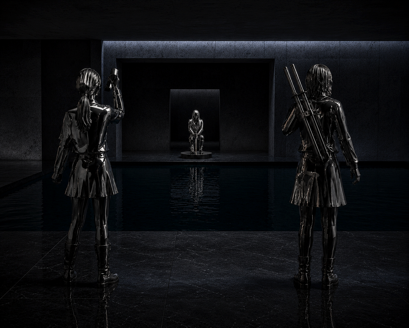 Three polished stainless steel schoolgirls facing each other in a dark reflective space, part of Hiro Ando's Silent Steel Symphony series inspired by Battle Royale.