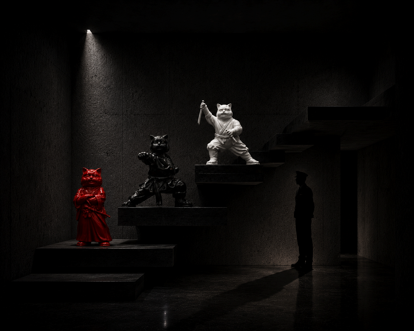 Three martial feline sculptures by Hiro Ando displayed on ascending platforms in a dark contemporary gallery watched by a museum guardian. copie.png