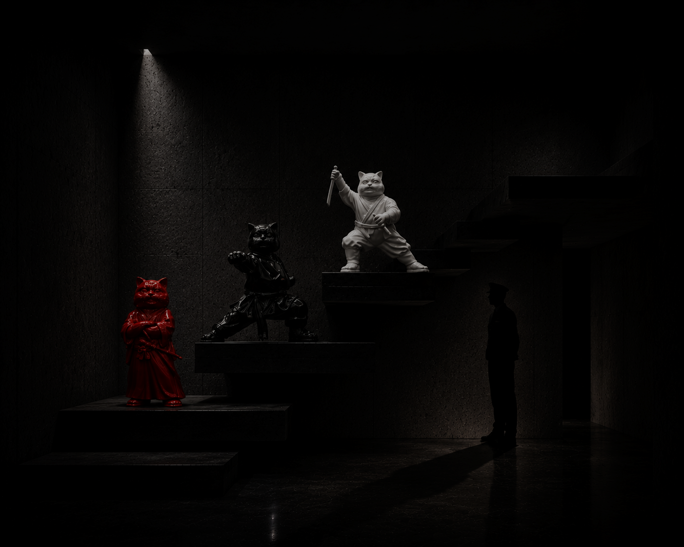 Three martial feline sculptures by Hiro Ando displayed on ascending platforms in a dark contemporary gallery watched by a museum guardian.