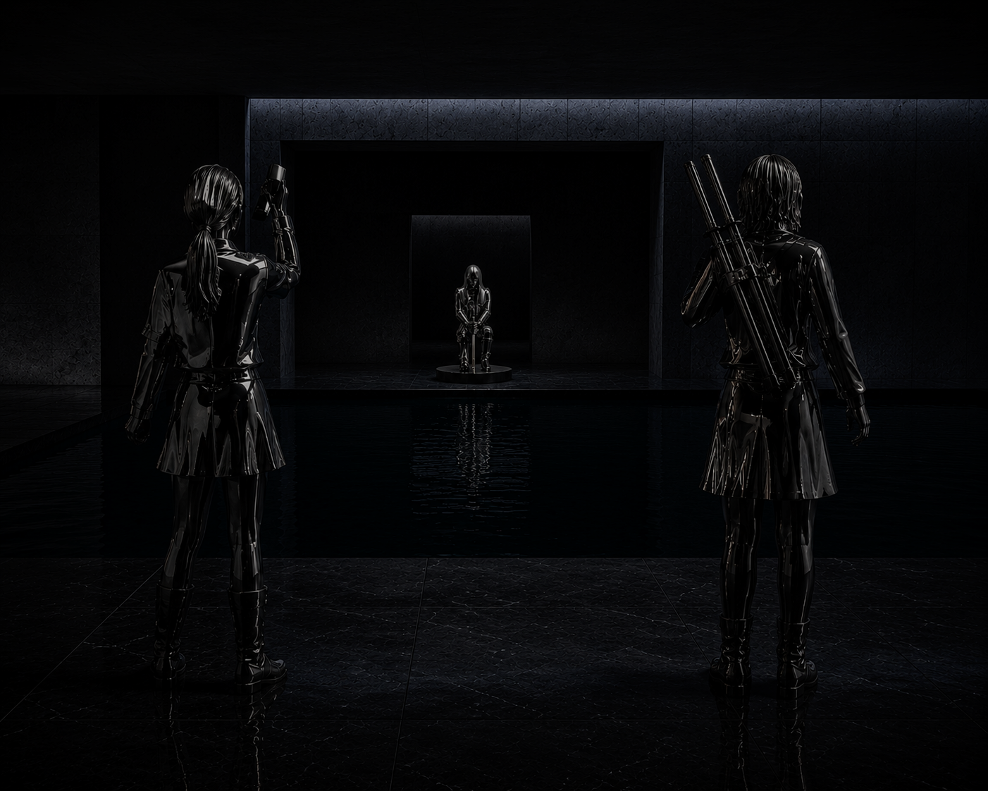 Three polished stainless steel schoolgirls facing each other in a dark reflective space, part of Hiro Ando's Silent Steel Symphony series inspired by Battle Royale.