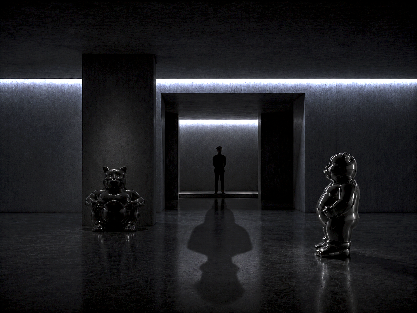 Stainless steel feline sculptures by Hiro Ando facing a museum guardian in a minimalist architectural space illuminated by cold nocturnal light. copie.png